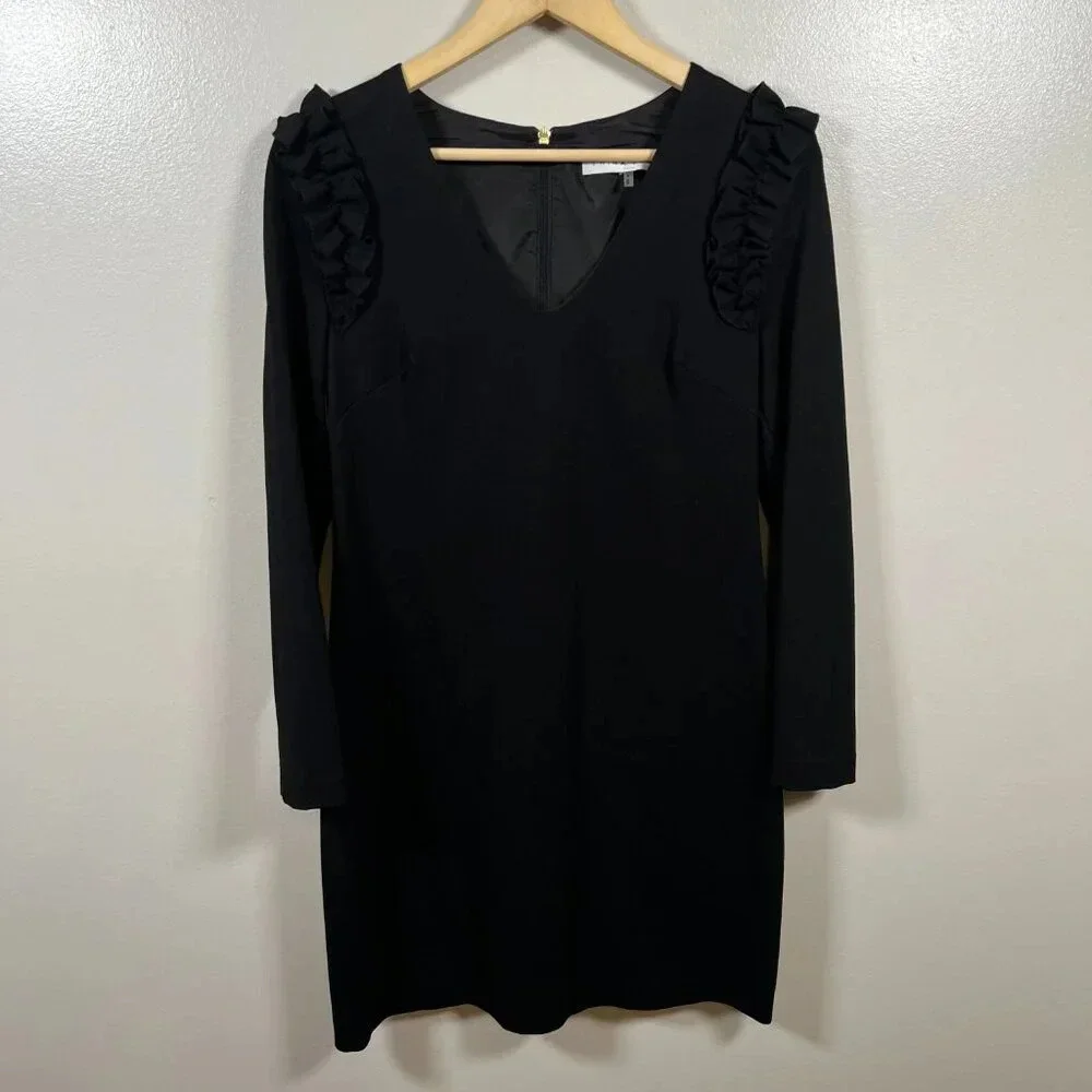 Trina Turk Eleanora Ruffle Sheath Dress Size 4 Black Long Sleeve Work Career